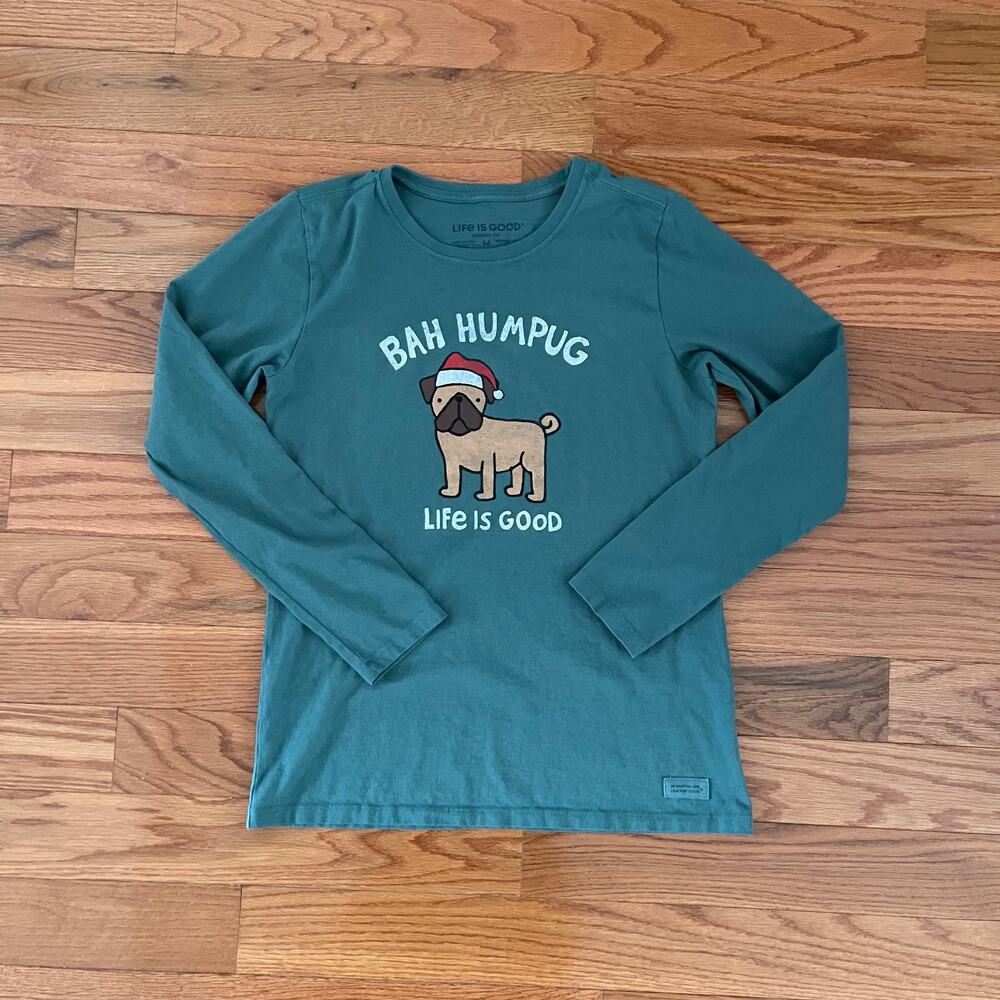 Life Is Good Bah Humpug Crusher Tee Green Long Sleeve Womens Medium Christmas